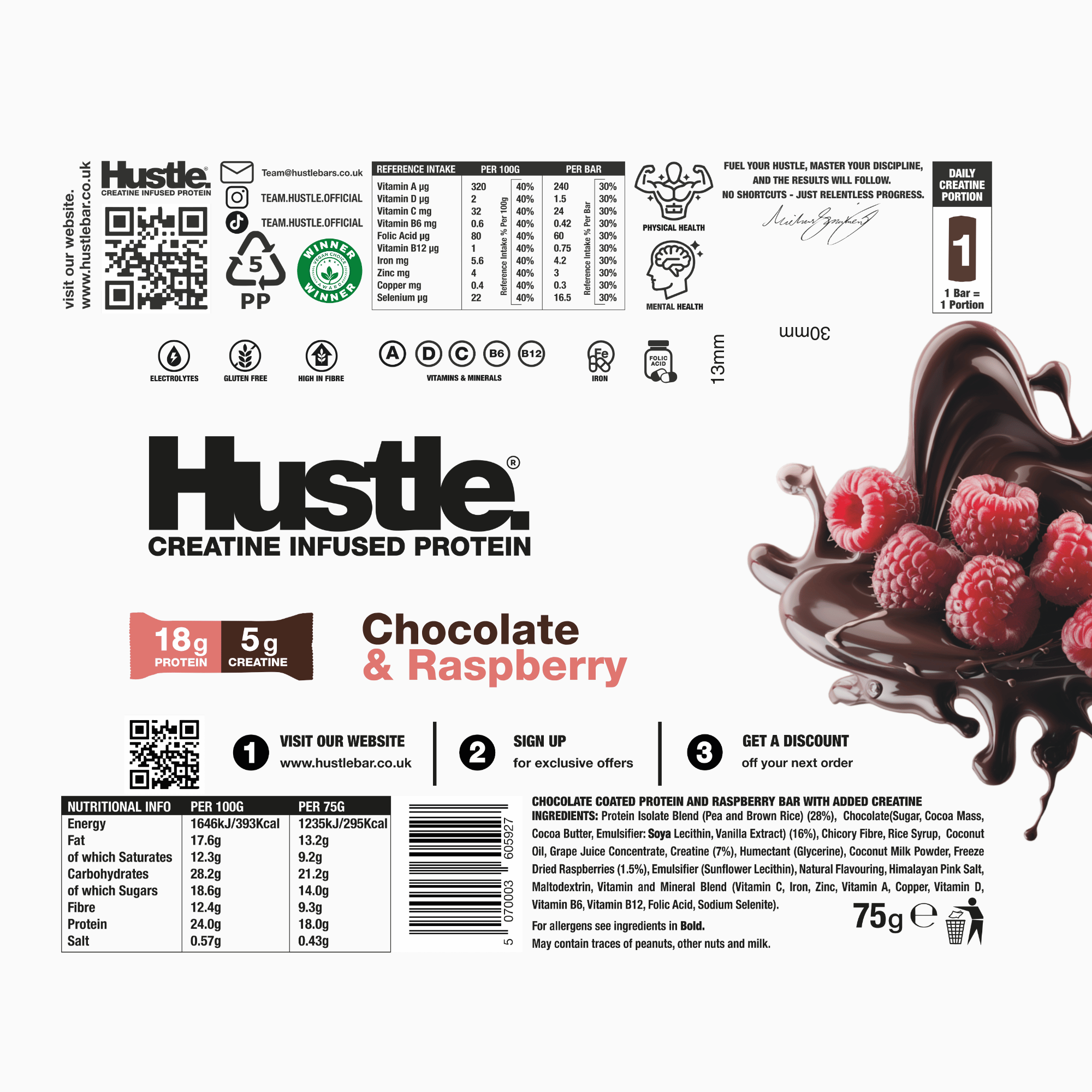 Hustle Chocolate Raspberry Bars - 12 Bars