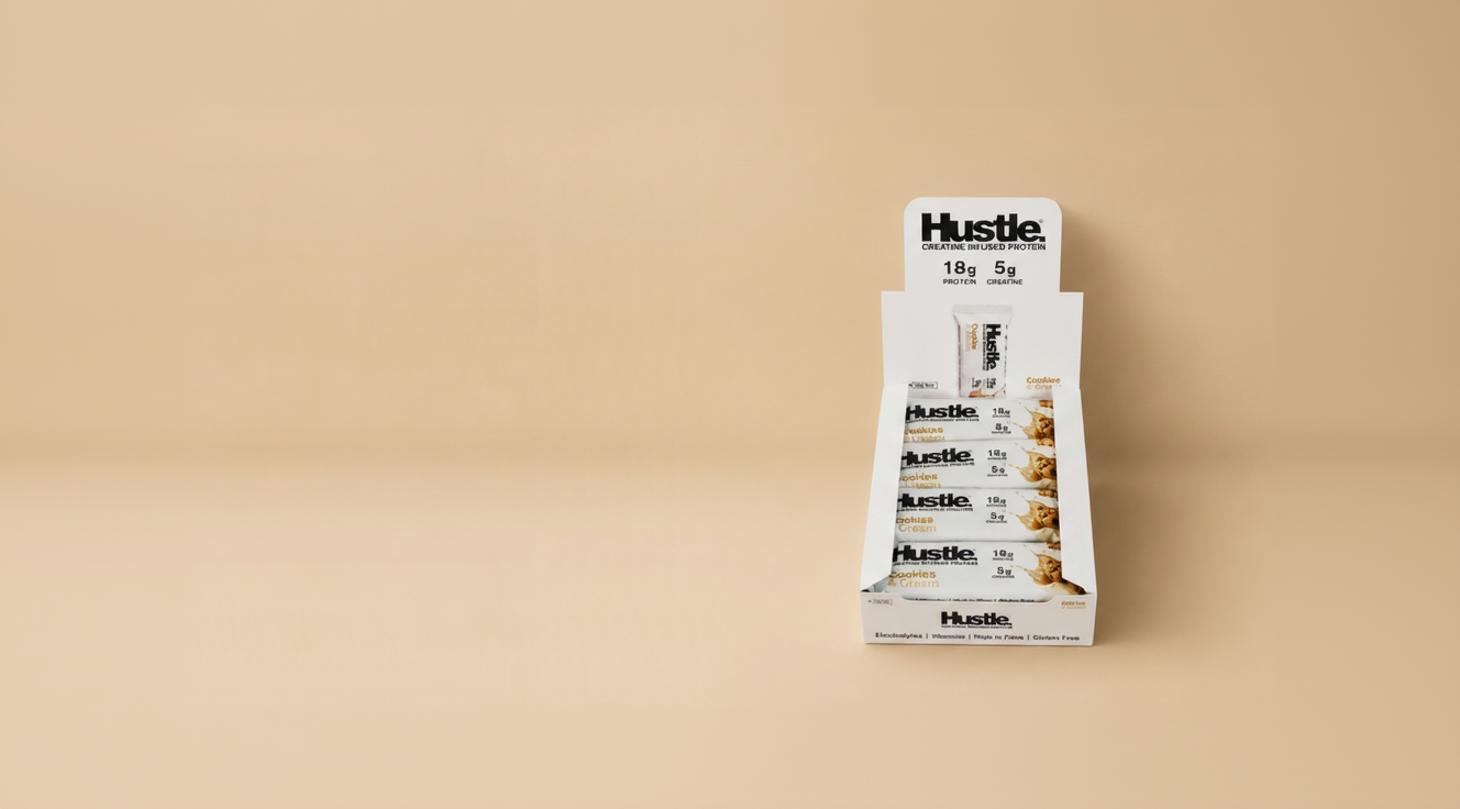 Hustle protein bars in a display box on a beige background